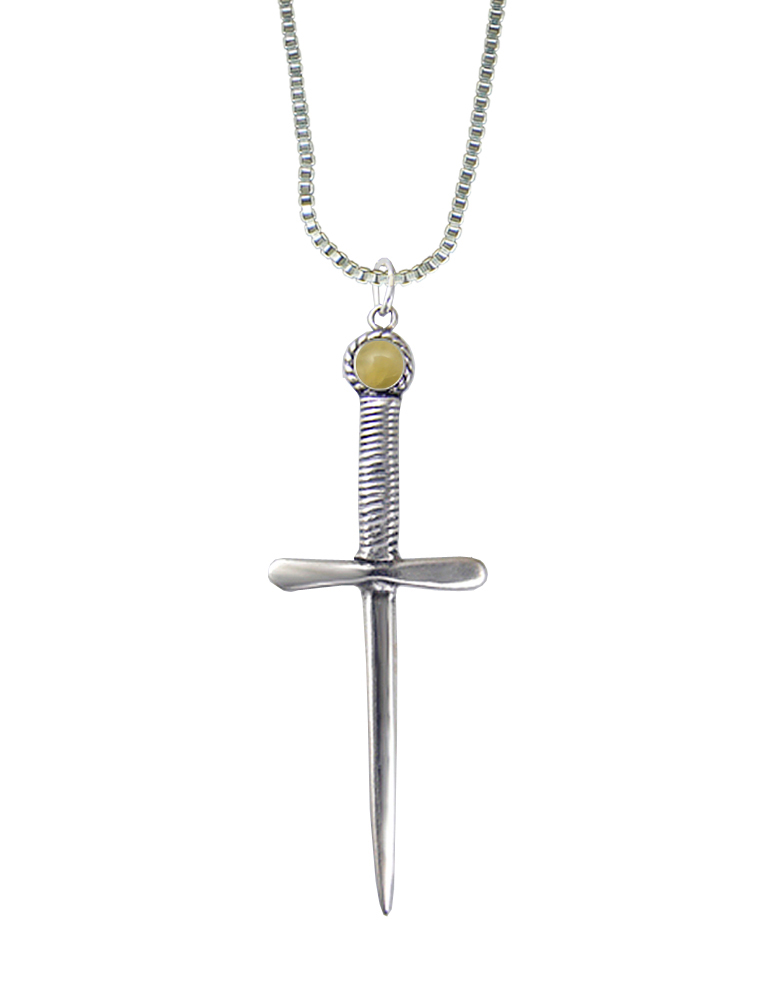 Sterling Silver Queen's Protector Knife Dagger Pendant With Yellow Aragonite